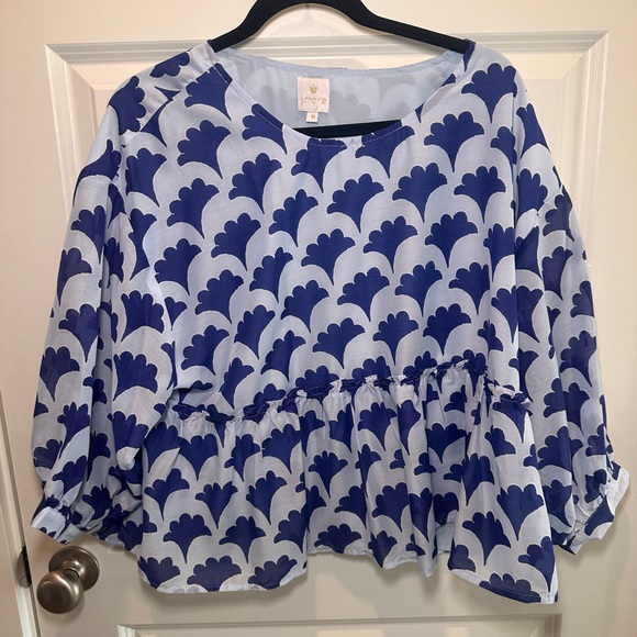 J. Marie Blue Floral Peplum Blouse Size Medium Empire Waist Top - Picture 11 of 11